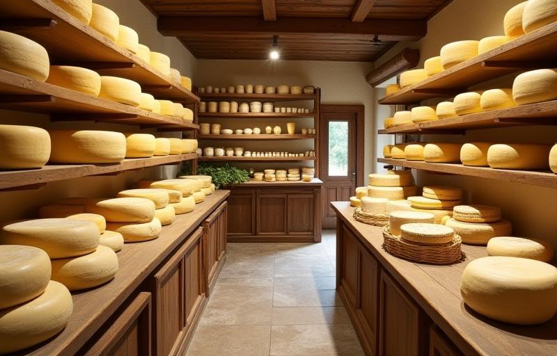 Interior view of De Gouden Kaasplank cheese shop, showing shelves of cheese and a rustic counter