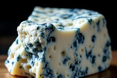 Crumbly blue Roquefort cheese showing blue veins