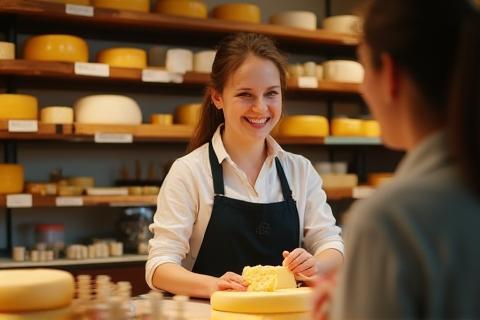 Friendly staff member serving cheese to a customer over the counter