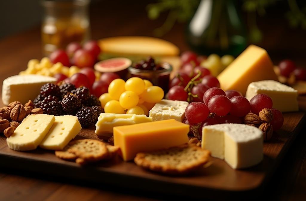 Luxurious cheese board spread with various cheeses, fruits, and nuts
