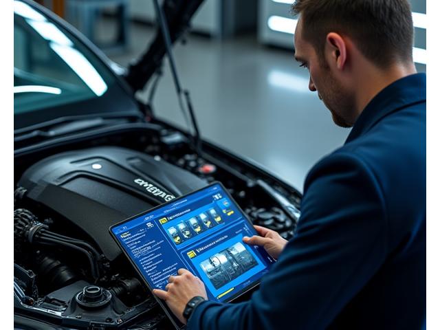 Juruteknik menggunakan alat diagnostik automotif canggih di bengkel Moden
