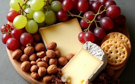 Beautifully arranged cheese board with grapes, nuts, and crackers